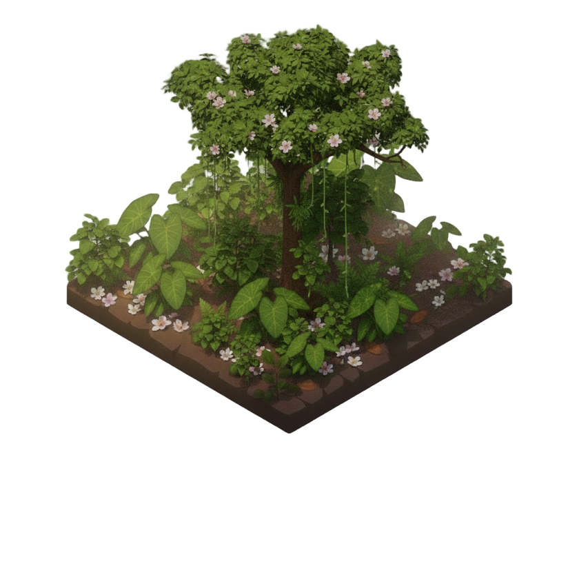 A lush, fully-grown rainforest world floating on a small isometric tile